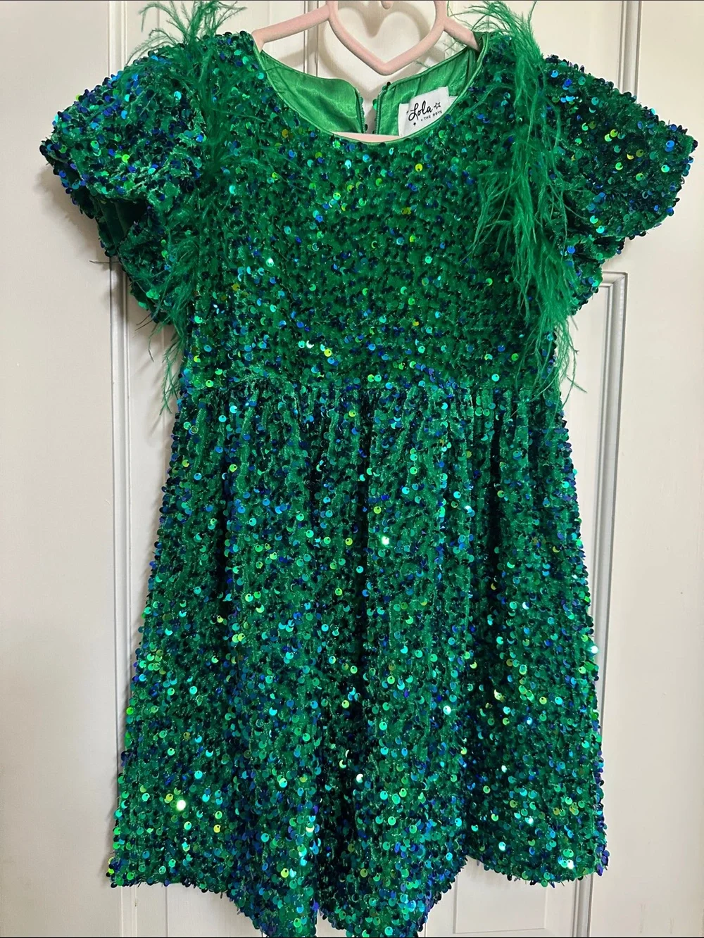 Lola + The Boys Emerald Green Sequin Dress with Feather Trim